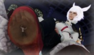 white_hair feet clothed toes soles cat_ears final_fantasy low_angle insole smiling in_shoe sitting shrunken_man trapped cat_girl dark_skin indoors see_through legs_crossed digital_render miqote karkaterium yshtola_rhul