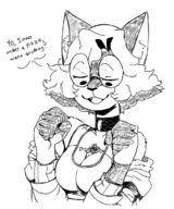 drawing furry cat anthro monochrome clothed cleavage glasses story short_hair fangs shrunken_woman curly_hair dialogue looking_at_tiny between_breasts kitkat_(ethan64) emmacat64