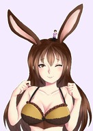 drawing blushing large_breasts long_hair bunny_ears cleavage brunette smiling no_background one_eye_closed on_head