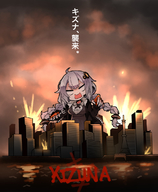 drawing giantess white_hair city color long_hair destruction angry vocaloid twintails parody outdoors kizuna shidoh279