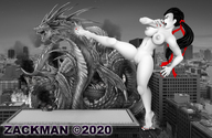 drawing giantess nude dragon monochrome black_hair long_hair destruction ribbon ponytail outdoors kicking zackman