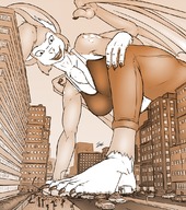 drawing giantess feet furry wings anthro city monochrome large_breasts destruction clothed bat toes barefoot cleavage buildings low_angle smiling foot_crush bending_over looking_down vehicles under_foot vehicle_crush running_away evil-sprite jenny_(evil-sprite)