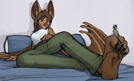 drawing gentle feet furry wings anthro color long_hair clothed bat toes barefoot soles bed brunette paws lying_down raccoon shrunken_man between_toes looking_at_tiny acidic_(artist) tiberiusthyben