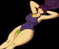 drawing large_breasts long_hair purple_hair lying_down mini_giantess closed_eyes inside_clothing thick_thighs no_background between_breasts lcf3