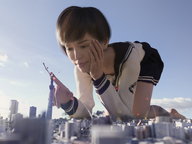 giantess giga city destruction barefoot rampage skirt brunette asian crawling uniform explosion looming digital_render uschi3