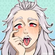 drawing white_hair vore blushing color long_hair tongue anime red_eyes open_mouth inside_mouth shrunken_person imminent_vore on_tongue hollewdz dorohedoro noi_(dorohedoro)