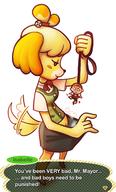 drawing pussy furry anthro dog color clothed skirt high_angle smiling canine shrunken_man dangle leash nervous inside_clothing panty_entrapment steam isabelle animal_crossing mayor looking_at_tiny clothing_entrapment spittyart