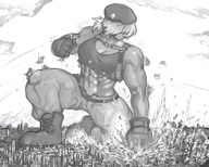 drawing giantess city monochrome large_breasts destruction handheld cleavage anime military yilx gloves boots muscles abs looking_down falling hand_crush dark_skin crouching debris beret metal_slug punching covered_eyes metal_slug_attack growth_(metal_slug)