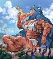 drawing giantess feet color large_breasts destruction clothed toes barefoot cleavage buildings soles butt_crush sitting muscles town abs eating food dark_skin smoke jewelry legs_crossed under_butt debris tiger_girl skimpy_clothing loincloth gigamaidens milchi gaolukchup