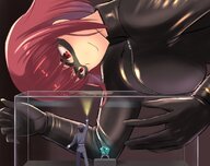 drawing color large_breasts long_hair clothed red_eyes smiling red_hair shrunken_man looking_down mask indoors guard thief flashlight vaioomaru jewel