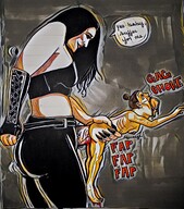 drawing black_hair long_hair sex blood gore shrunken_woman looking_down cruel strapon dialogue bare_midriff
