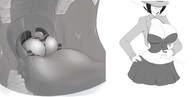 drawing panties vore monochrome black_hair large_breasts tongue butt clothed cleavage saliva anime sequence digestion short_hair shrunken_woman inside_mouth wolf_girl angelthecatgirl sound_effects implied_digestion