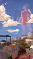 drawing giantess mega black_hair color buildings smiling short_hair town looming looking_down clouds sky bat_wings thick_thighs chinese_dress corona-chan rammzi