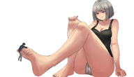 drawing white_hair blushing barefoot smiling short_hair sitting shrunken_man looking_down on_foot thick_thighs no_background