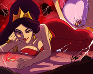 breasts drawing giantess giga color tongue destruction clothed rampage cleavage buildings desert goddess brown_eyes ponytail lying_down crown cruel pants dark_skin magic jasmine aladdin disney earrings top palace angelgts