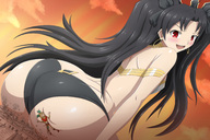 drawing giantess blushing black_hair color long_hair butt destruction multiple_sizes smiling sitting twintails giantesses earrings stuck_to_butt thedaibijin fate/grand_order ishtar