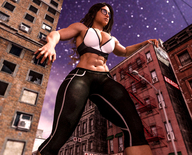 giantess city large_breasts long_hair buildings glasses brunette muscles walking outdoors boomgts digital_render