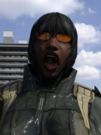 giantess vore black_hair clothed buildings short_hair open_mouth sunglasses inside_mouth dark_skin bangs digital_render solidsunny