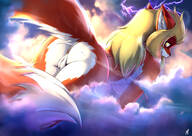drawing giantess nude pussy furry giga tail anthro blonde color fox yellow_eyes underboob airplane bending_over asshole clouds thighs outdoors sky all_fours lightning presenting notbad621 merah
