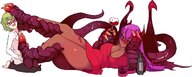 drawing feet blushing color large_breasts claws clothed toes barefoot cleavage anime purple_hair smiling dress lying_down mini_giantess foot_worship foot_play shrunken_man drinking dark_skin dragon_girl raised_feet no_background looking_at_tiny monster_girl_encyclopedia jabberwock rtil
