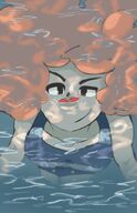 drawing giantess color long_hair swimsuit water ocean wet high_angle brown_eyes smiling underwater red_hair looking_up outdoors in_water sam looking_at_tiny bare_legs bare_midriff sihagen jaws