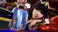 nude black_hair long_hair cleavage low_angle pink_hair sitting shrunken_woman indoors jewelry licking_lips on_table bangs covering_breasts fire_emblem implied_vore looking_at_tiny digital_render covering_pussy covering_up sourcesizeshenanigans tharja_(fire_emblem) hilda_(fire_emblem) celica_(fire_emblem)