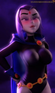 blushing alien large_breasts clothed purple_hair smiling raven teen_titans short_hair goth cape licking_lips belt leotard hands_on_hips hood imminent_vore implied_vore no_background looking_at_tiny digital_render dc_comics on_nose cloak pale_skin grey_skin skintight_clothing blackfire sourcesizeshenanigans