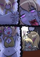 drawing white_hair feet vore blushing sleeping blonde comic color large_breasts tongue armor clothed toes barefoot cleavage soles anime underwear sequence high_angle foot_play shrunken_woman open_mouth falling dream between_feet panels purple_skin league_of_legends yordle tristana karsinan skimpy_clothing looking_at_tiny pointed_ears shortstack bare_midriff between_breasts project_fumika poppy