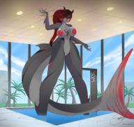 drawing growth nipples giantess nude horns tail color large_breasts long_hair destruction water wet red_eyes outgrowing_building smiling ponytail collar pool indoors trees shark_girl solgryn eliek steph
