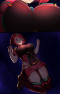 drawing giantess earth giga space color clothed planet red_hair short_hair surprised looking_down cosmic_giantess pyra between_breasts charlydibu