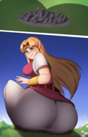 drawing giantess blushing giga city blonde color large_breasts long_hair butt destruction blue_eyes clothed buildings butt_crush shadow looming mountains looking_back thick_thighs pointed_ears the_legend_of_zelda skintight_clothing charlydibu princess_zelda_(the_legend_of_zelda)