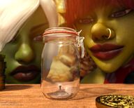 white_hair clothed smiling red_hair caught shrunken_man trapped jar commission jetslasher nose_ring in_jar on_table bangs goblin natazii green_skin looking_at_tiny digital_render lassic shortstack