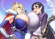 drawing blushing blonde color green_eyes huge_breasts brunette purple_eyes shrunken_man fate_(series) between_breasts artoria_pendragon tftempuru minamoto_no_raikou