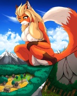 drawing nipples gentle giantess nude pussy furry tail anthro blonde color large_breasts long_hair butt fox low_angle yellow_eyes squatting village looming open_mouth asshole mountains forest clouds thighs sky anon notbad621 looking_at_tinies son2j merah chest_tuft