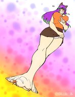 drawing feet blushing upskirt color large_breasts clothed toes barefoot cleavage skirt anime angry cat_ears low_angle smiling story foot_crush shrunken_man looking_down cat_girl under_foot looking_at_tiny multicolored_hair bare_legs peace_sign hollewdz