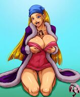 drawing panties upskirt blonde color long_hair clothed cleavage huge_breasts smiling kneeling shrunken_man no_background between_breasts