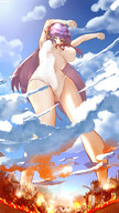 drawing giantess city mega color long_hair destruction purple_hair fire clouds outdoors stretch nz