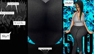 drawing giantess color large_breasts cleavage butt_crush green_hair sitting unaware shygiantess