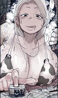 drawing giantess blushing color destruction cleavage huge_breasts breast_crush looking_down hiding licking_lips bakugeki_no_g