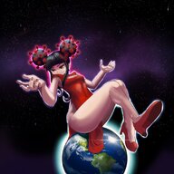 drawing giantess earth giga space black_hair color clothed planet high_heels anime smiling unknown_artist sitting bangs raised_feet chinese_dress hair_buns bare_legs sitting_on_planet corona-chan