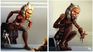 breasts drawing growth giantess horns mega alien comic color large_breasts armor clothed handheld cleavage skirt green_eyes brunette grinning smiling gloves boots squatting star_wars closed_eyes belt helmet looking_at_tiny orange_skin cleavage_window togruta kisparlius ahsoka_tano jedi ahsoka anakin_skywalker captain_rex crouching Mega lekku