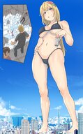 breasts drawing giantess collage panties mega blonde color swimsuit destruction handheld barefoot cleavage bra kyoko falling licking_lips hands_on_hips uru cutaway flower_in_hair