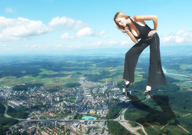 collage landscape city mega blonde clothed cleavage high_heels buildings unknown_artist airplane looking_down highway clouds sky jordan_carver raised_foot