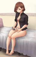 drawing gentle panties color handheld barefoot cleavage bra bed brunette brown_eyes sitting shrunken_man looking_at_tiny kuroihassan