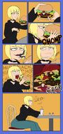 drawing vore blonde comic color short_hair sitting shrunken_man inside_stomach choker panels in_food throat_bulge no_background hamburger cutaway leswaet