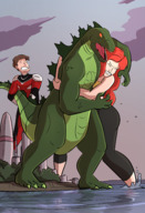 breasts drawing giantess tail city mega color long_hair butt giant water ocean buildings brunette couple godzilla red_hair fighting costume orange_eyes closed_eyes kaiju mary_jane spider-man marvel_comics the_wasp bare_midriff caiman2 giant_man earth_20052 peter_parker giganticluv