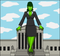 breasts drawing giantess city mega color large_breasts clothed cleavage skirt green_eyes green_hair ponytail leaning statue legs_crossed leaning_on_building business_suit lawyer green_skin she-hulk bare_legs marvel_comics nightcore100 court_house
