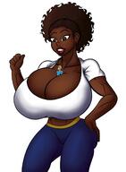 drawing gentle color cleavage huge_breasts brunette brown_eyes shrunken_man looking_down dark_skin no_background between_breasts tomkat96