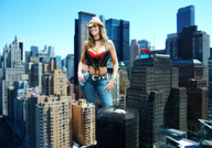giantess collage city cleavage smiling cowgirl skyscraper hat milf between_buildings