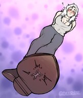 drawing white_hair crush blushing color long_hair clothed cleavage anime low_angle foot_crush muscles bending_over unaware looking_down shrunken_person shoe_crush under_foot under_shoe stuck_to_foot stuck_to_shoe no_background hollewdz dorohedoro noi_(dorohedoro)